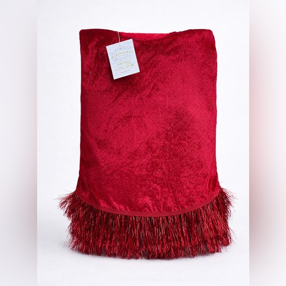 Wondershop Red Velvet Christmas Tree Skirt 48” w/ Tinsel Fringe Trim Decor